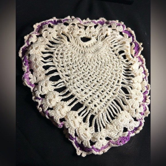 VTG Pretty Crocheted Purple and White Covering on Satin Heart Pillow. - Picture 9 of 9